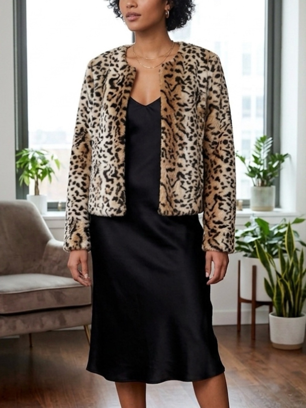EXPRESS Leopard Print Faux Fur Jacket in Black and Cream